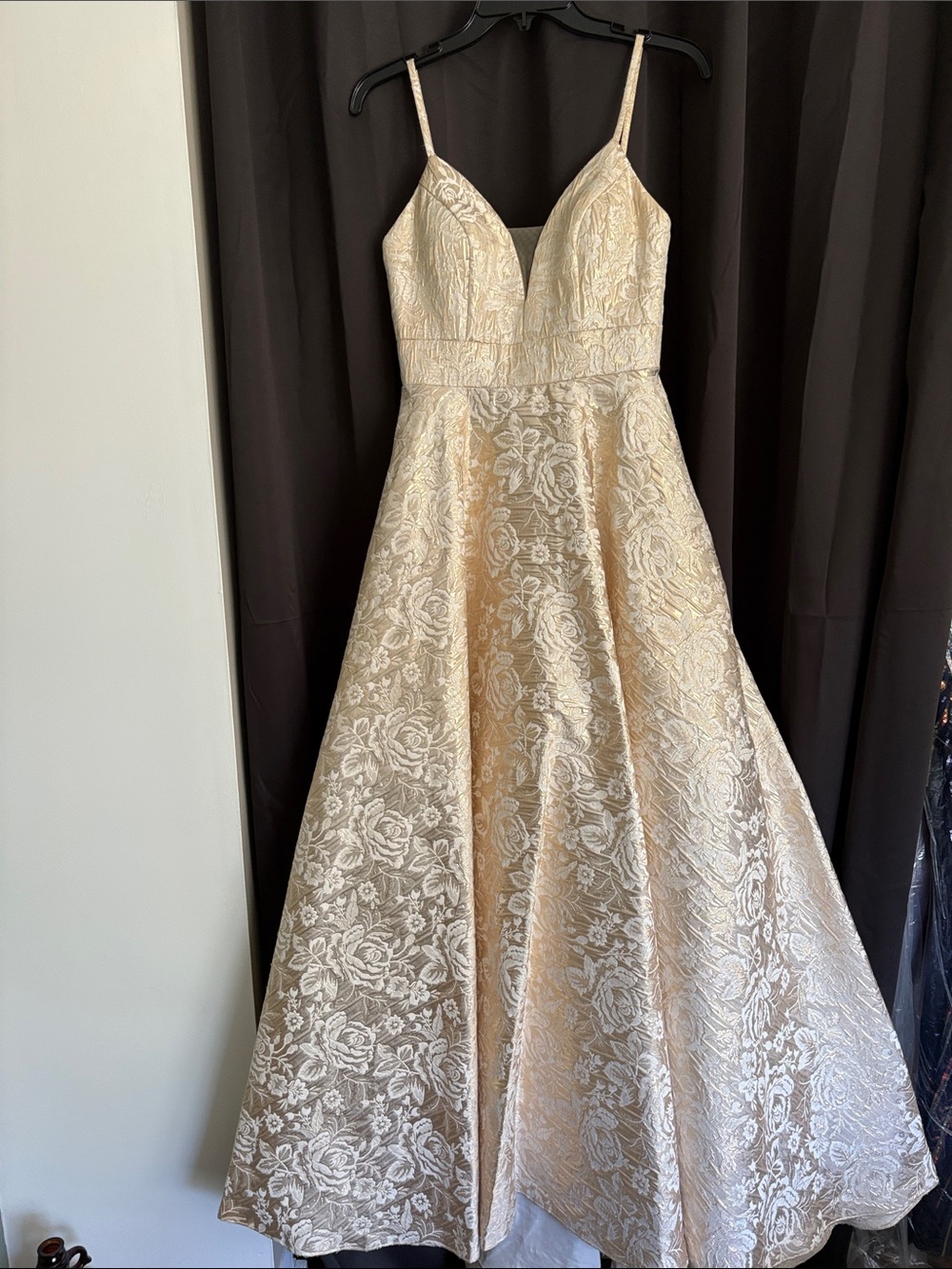 Camille La Vie Champagne Floral Lace Prom Gown